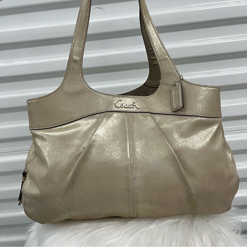 • COACH Shimmer Champagne Leather Carryall Tote Gallery Shoulder Bag - Picture 7 of 13